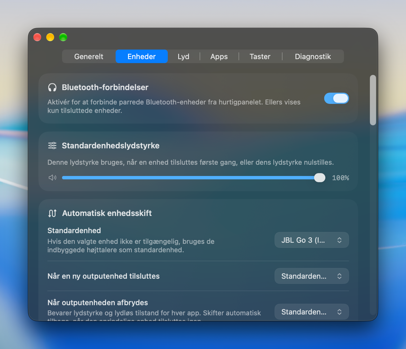 Bluetooth og Pro enhedsindstillinger
