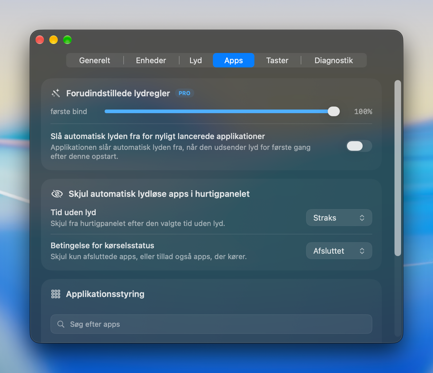 App-indstillinger med startlydstyrke, auto-mute og app-administration