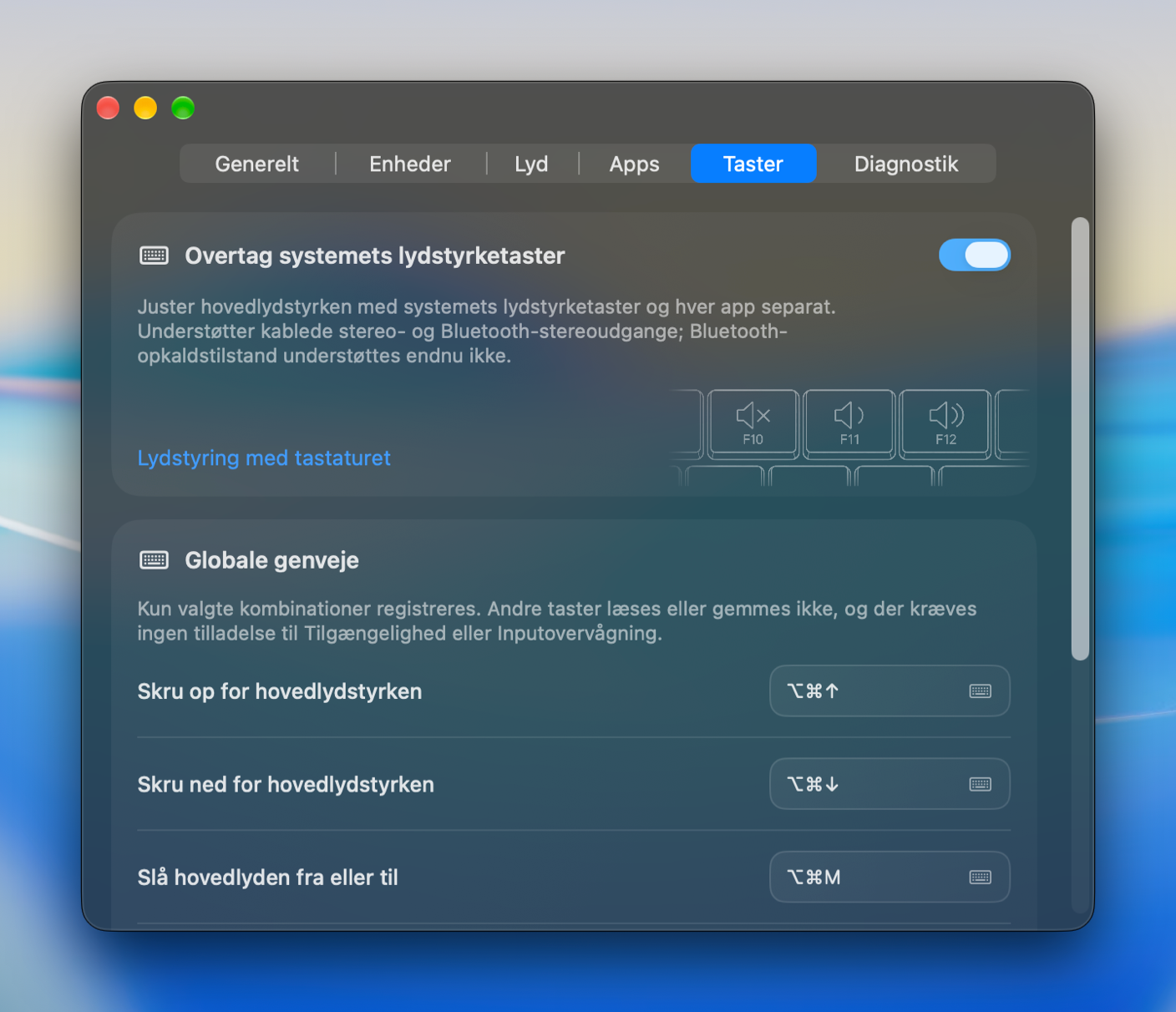 Tastaturgenveje til skift af lydstyrke, mute og output