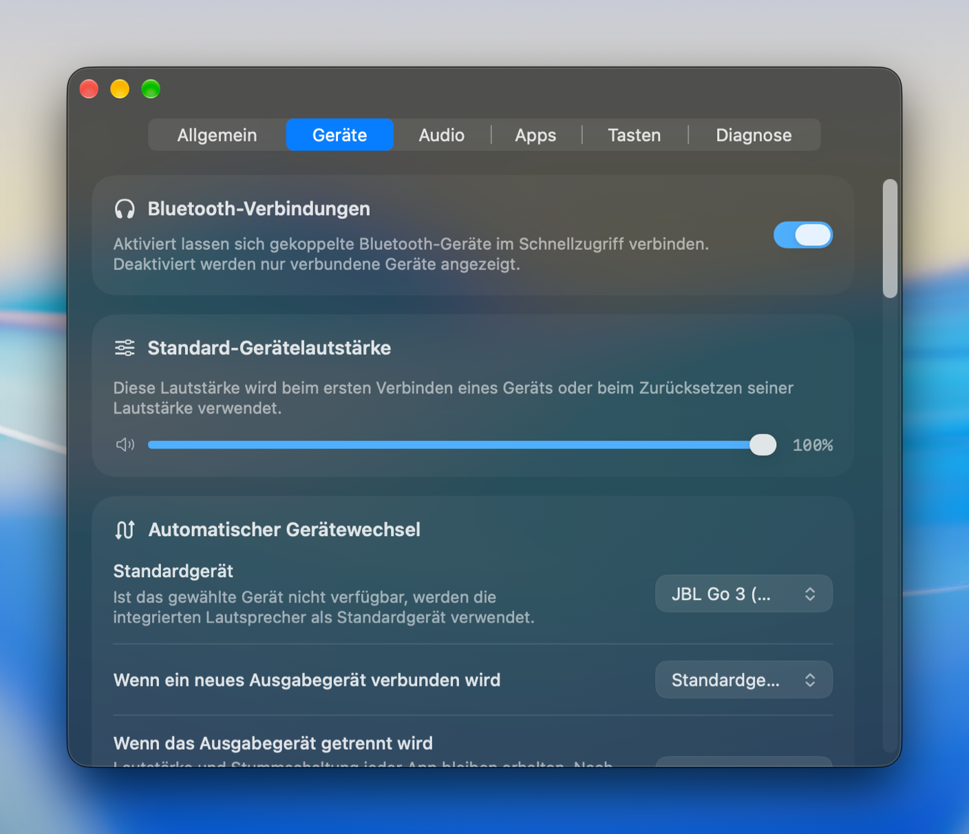 Bluetooth- und Pro-Geräteeinstellungen
