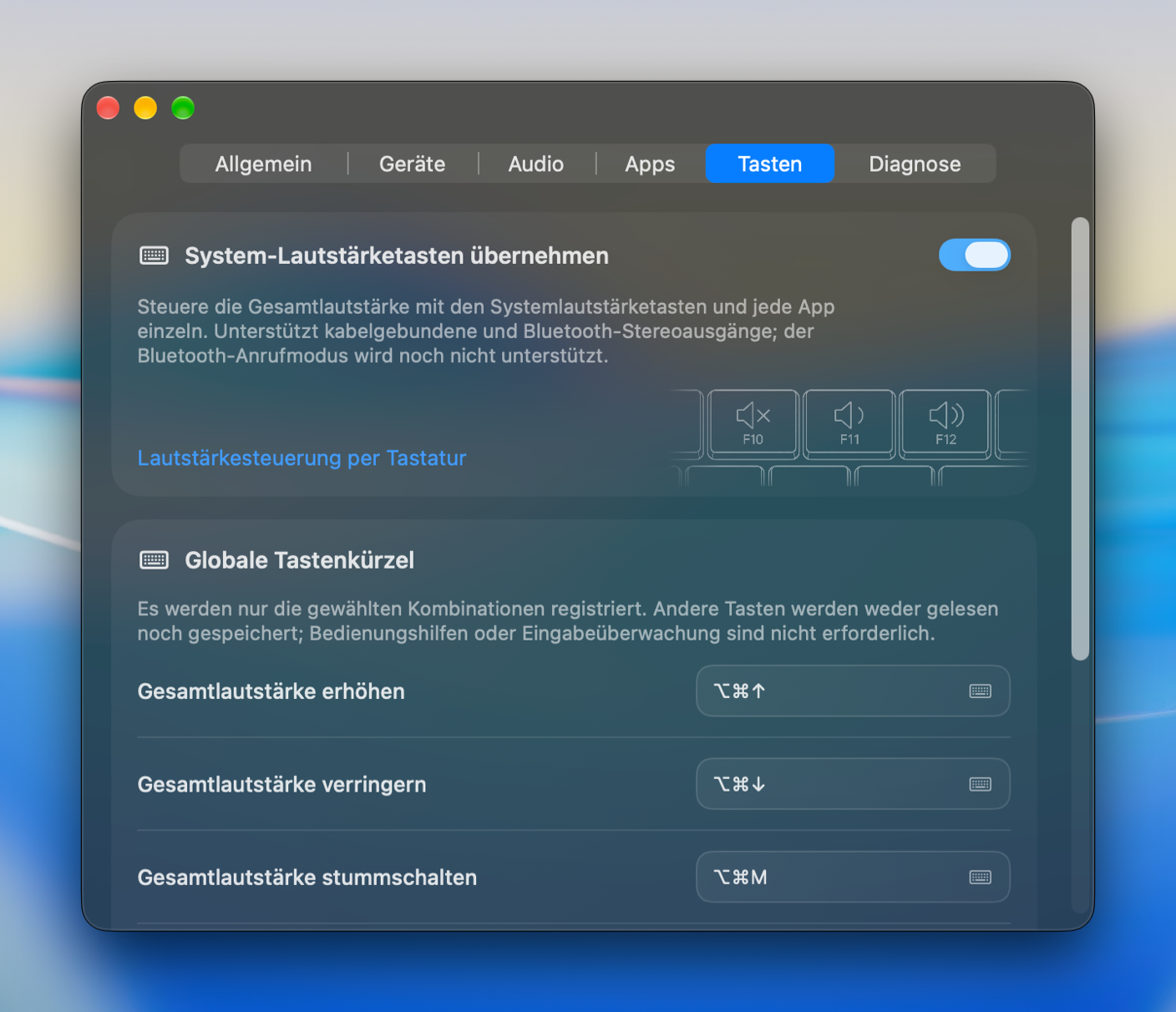 Tastaturkürzel für Lautstärke, Stummschaltung und Ausgangsumschaltung