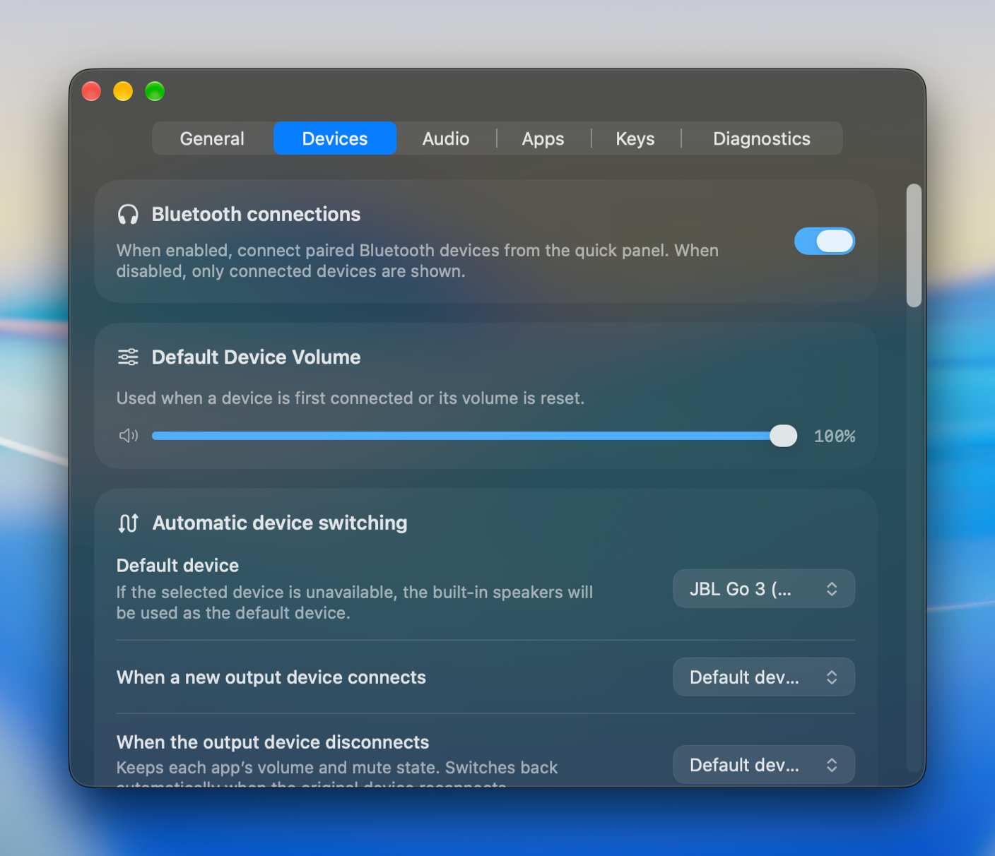 Bluetooth and Pro device settings