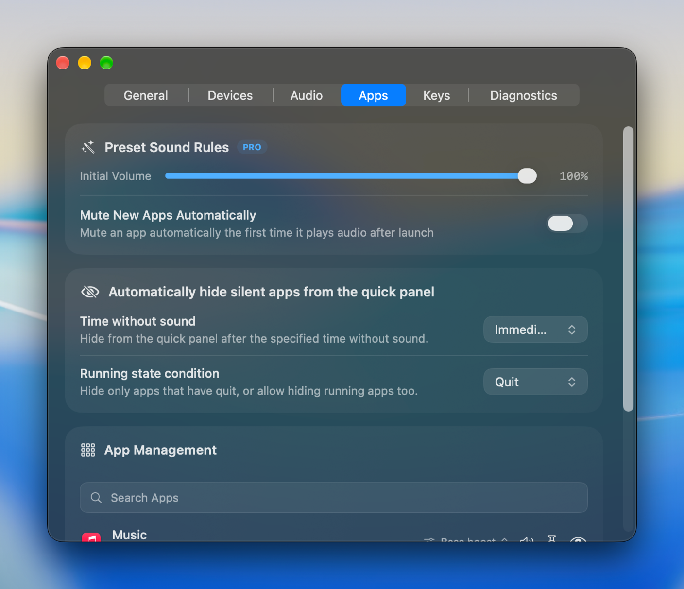 App settings with starting volume, auto-mute and app management