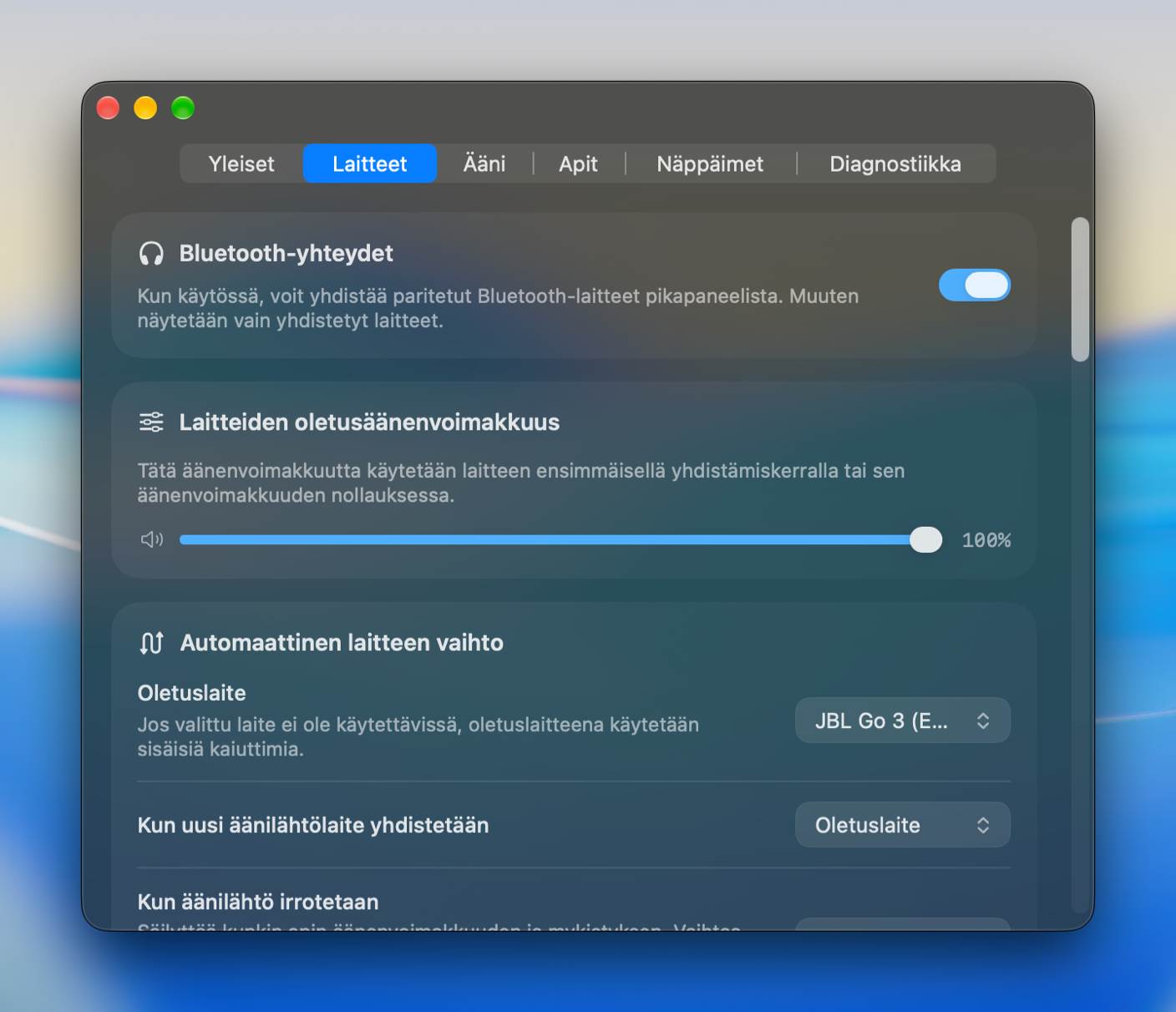 Bluetooth- ja Pro-laiteasetukset