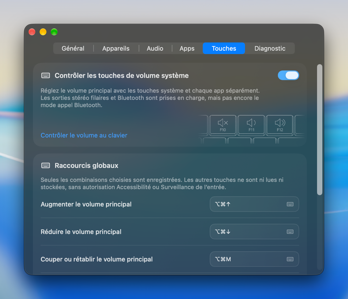 Raccourcis clavier pour le volume, la sourdine et la commutation de sortie
