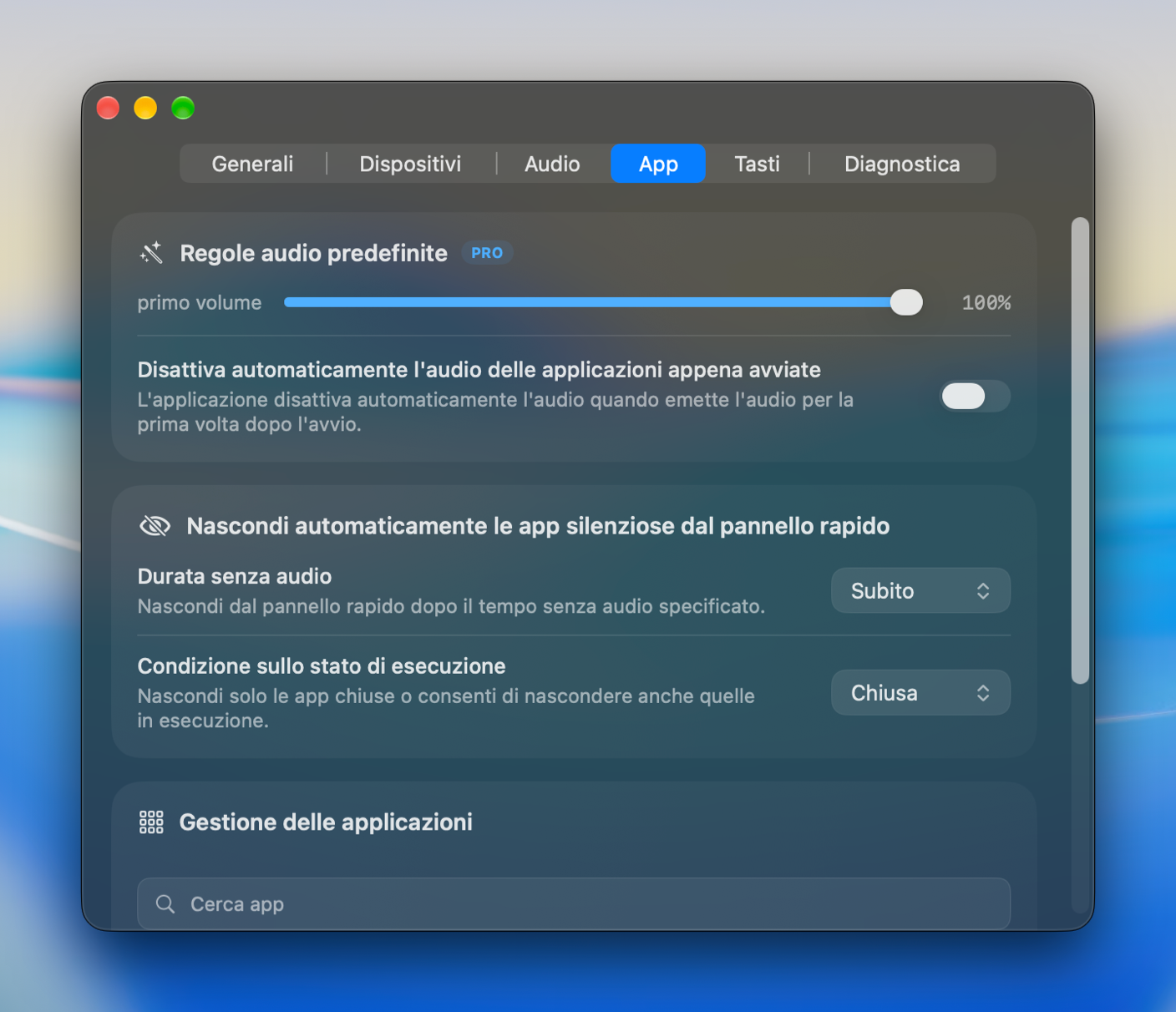 Impostazioni dell'app con volume di avvio, disattivazione automatica e gestione dell'app