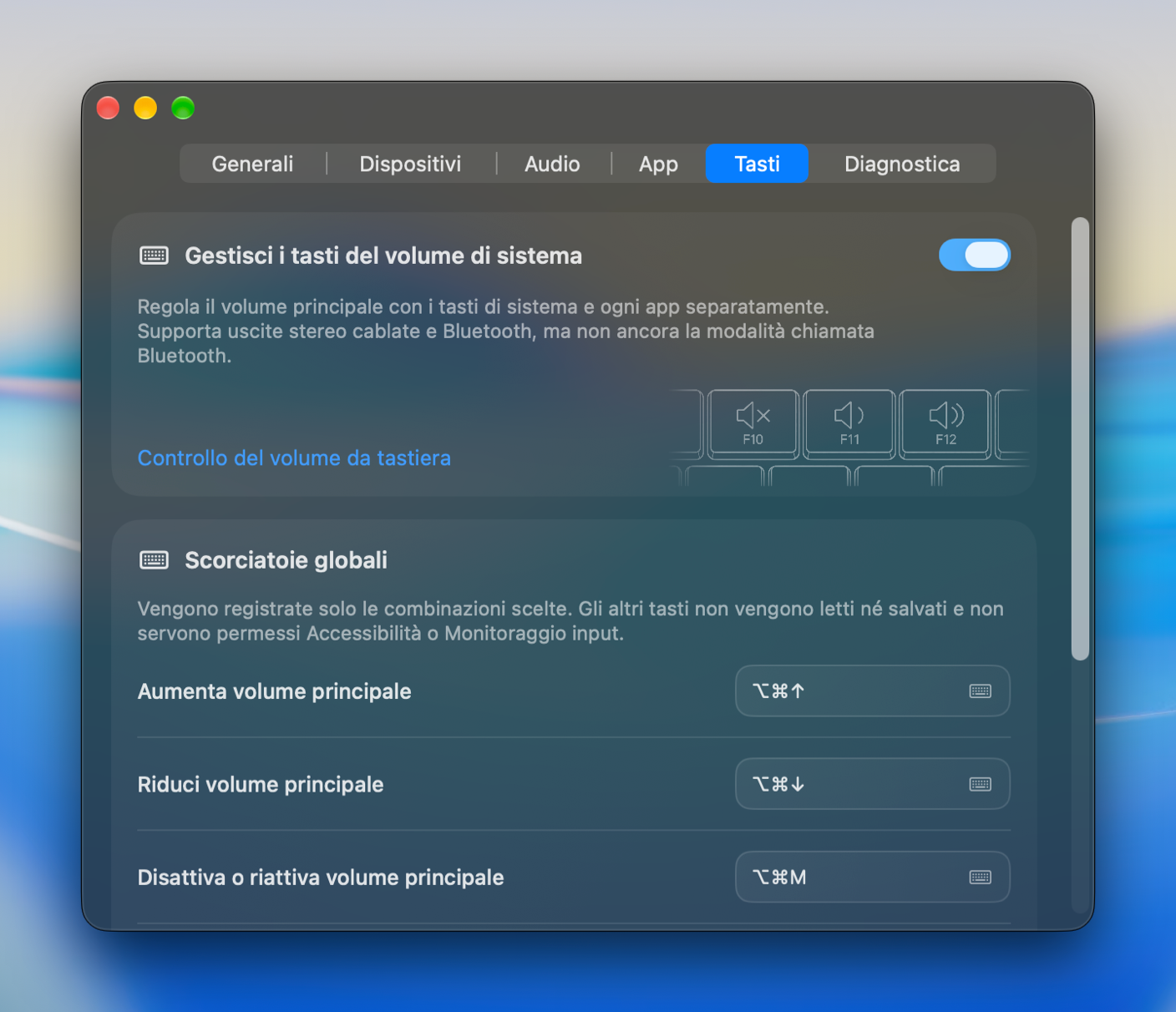 Scorciatoie da tastiera per volume, disattivazione audio e commutazione dell'uscita