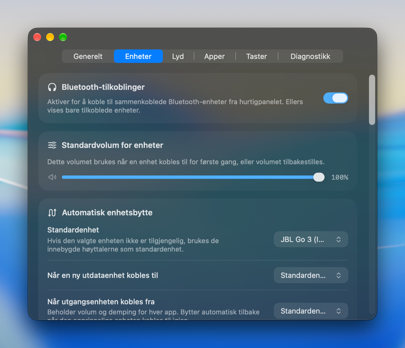 Bluetooth og Pro enhetsinnstillinger