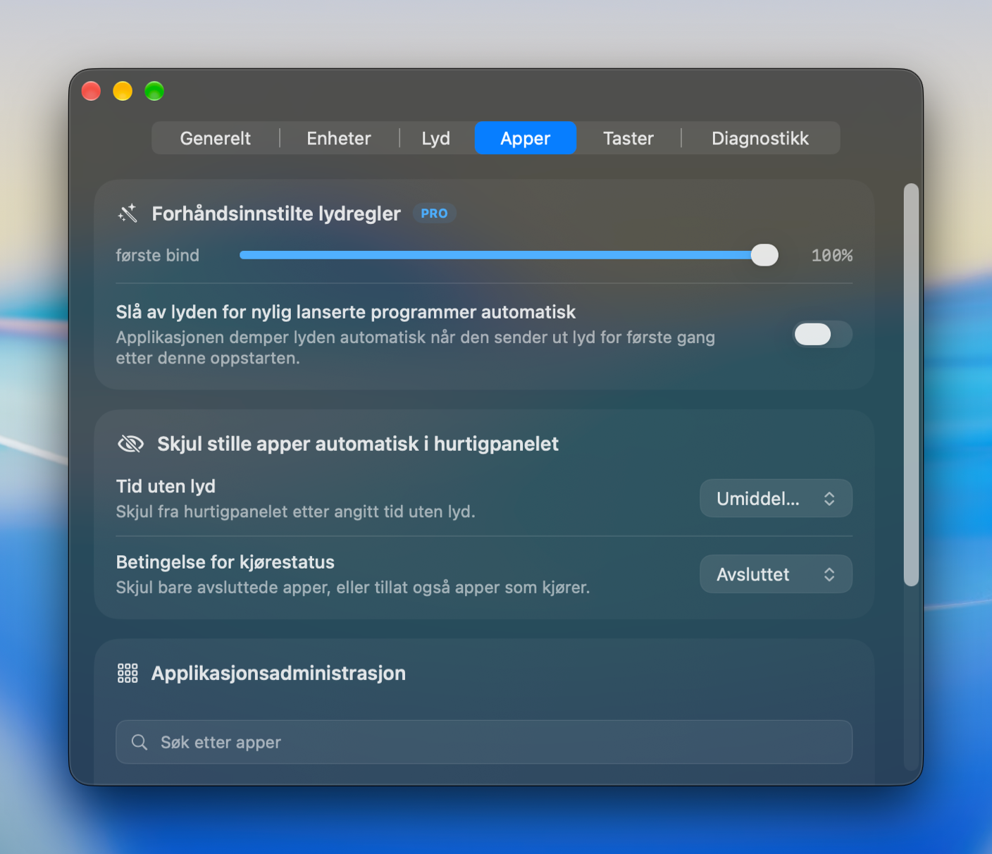 Appinnstillinger med startvolum, autodemping og appadministrasjon