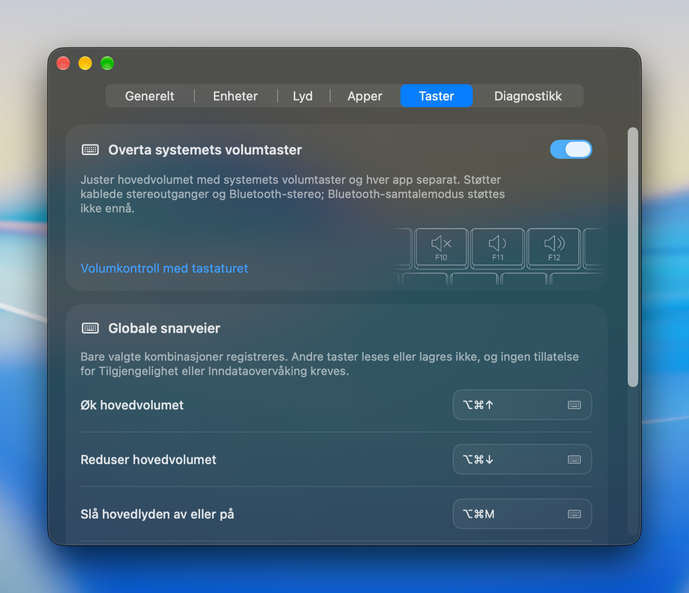 Tastatursnarveier for bytte av volum, demping og utgang