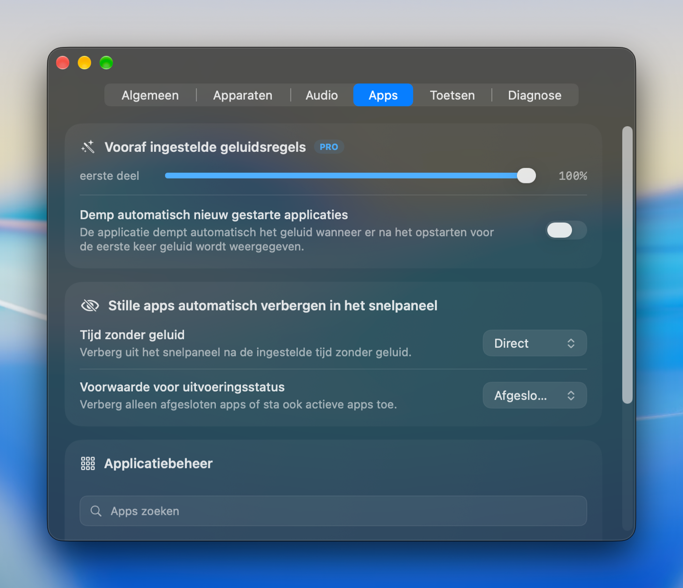 App-instellingen met startvolume, auto-mute en app-beheer