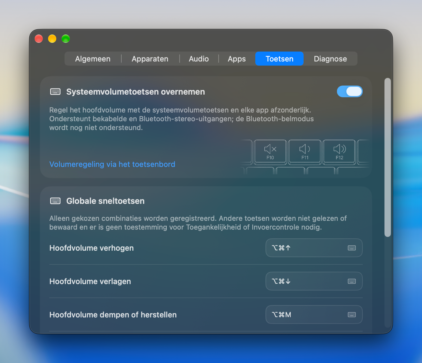Sneltoetsen voor volume, mute en uitgangsschakeling