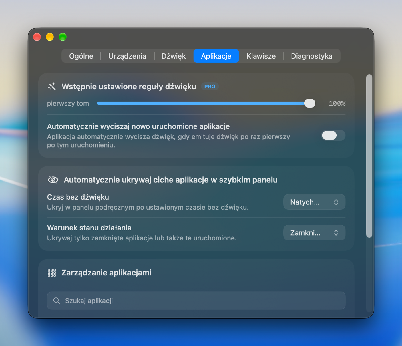 Ustawienia aplikacji z początkową głośnością, automatycznym wyciszaniem i zarządzaniem aplikacją