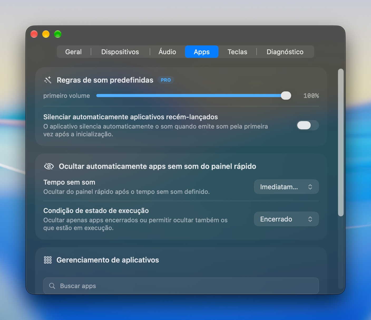 Configurações de aplicativos com volume inicial, silenciamento automático e gerenciamento de aplicativos