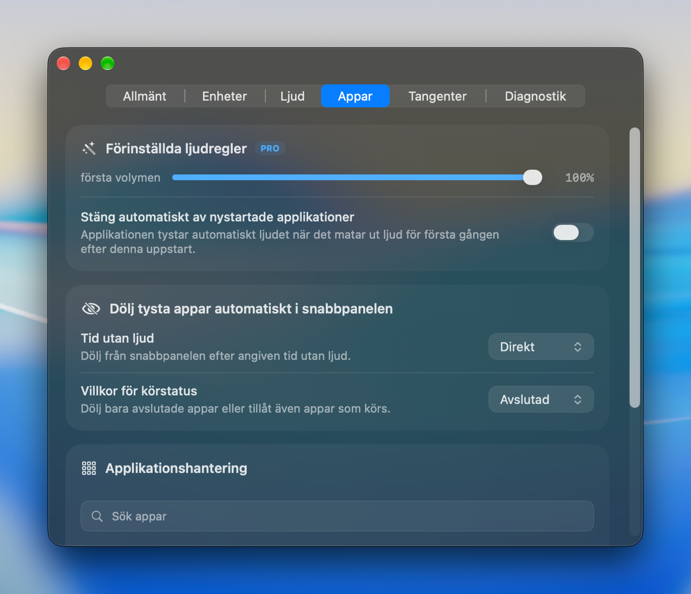 Appinställningar med startvolym, automute och apphantering